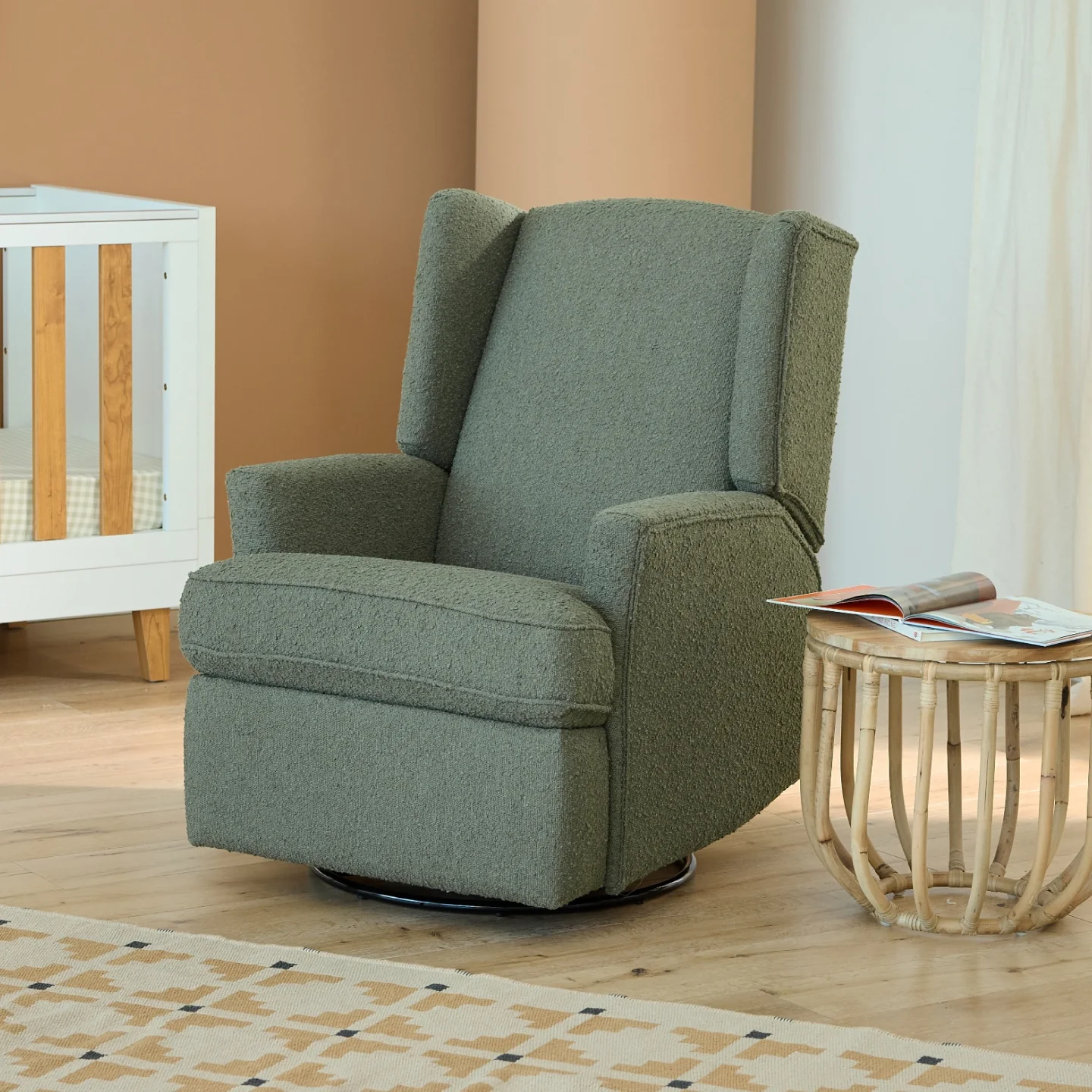 Chelsea Recliner Glider Chair in Olive Bouclé - Image 3