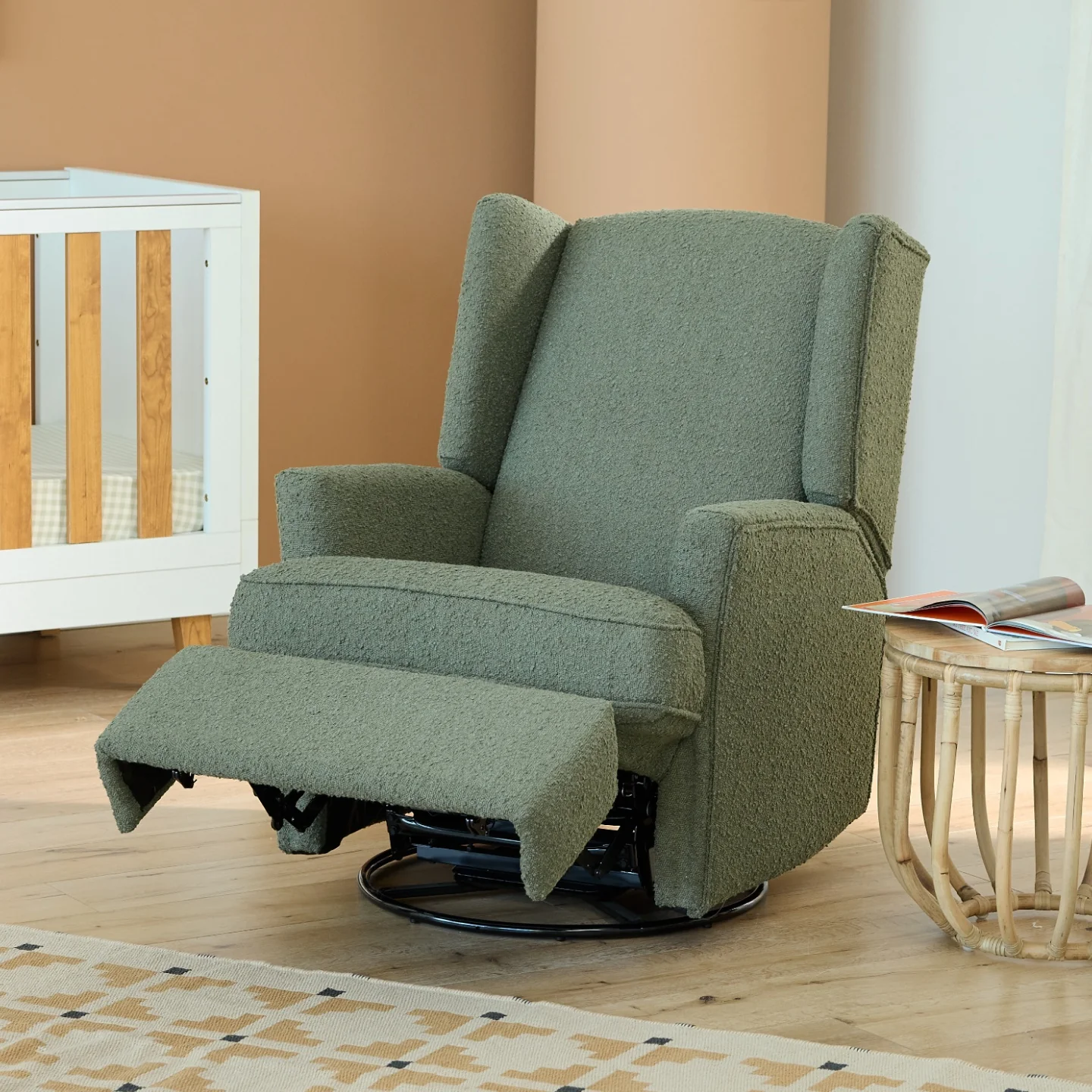 Chelsea Recliner Glider Chair in Olive Bouclé - Image 5