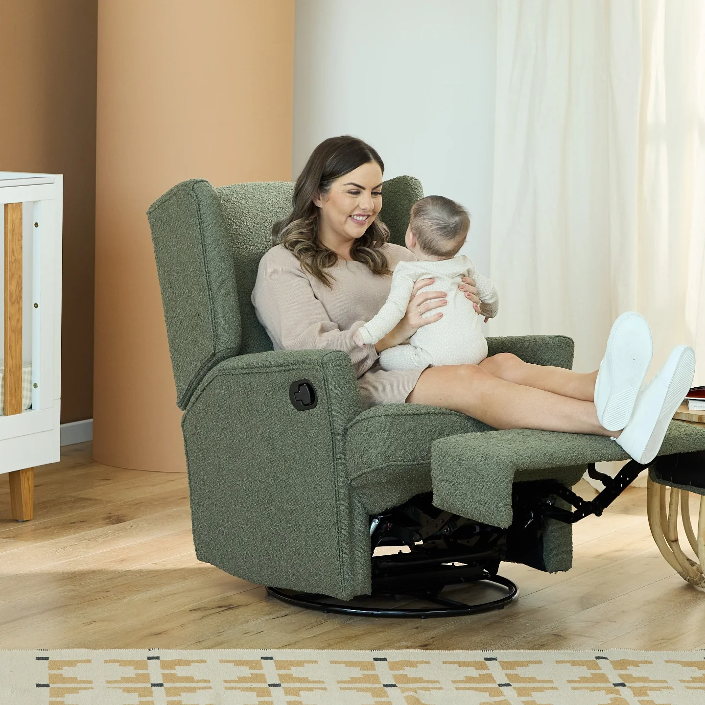 Chelsea Recliner Glider Chair in Olive Bouclé - Image 6