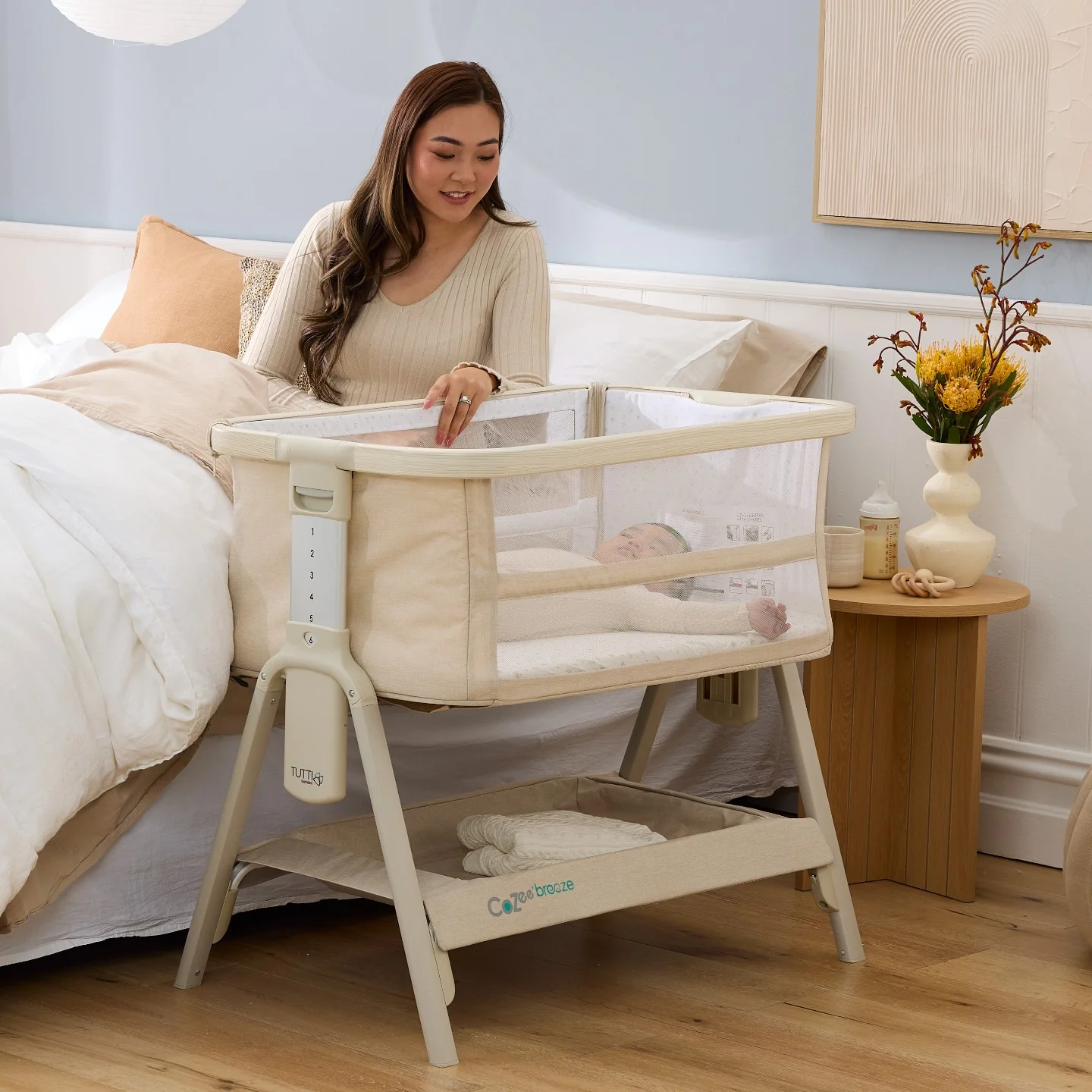 CoZee Breeze Lite Co-sleeping Bassinet in Whitewash Ash and Mushroom - Image 3