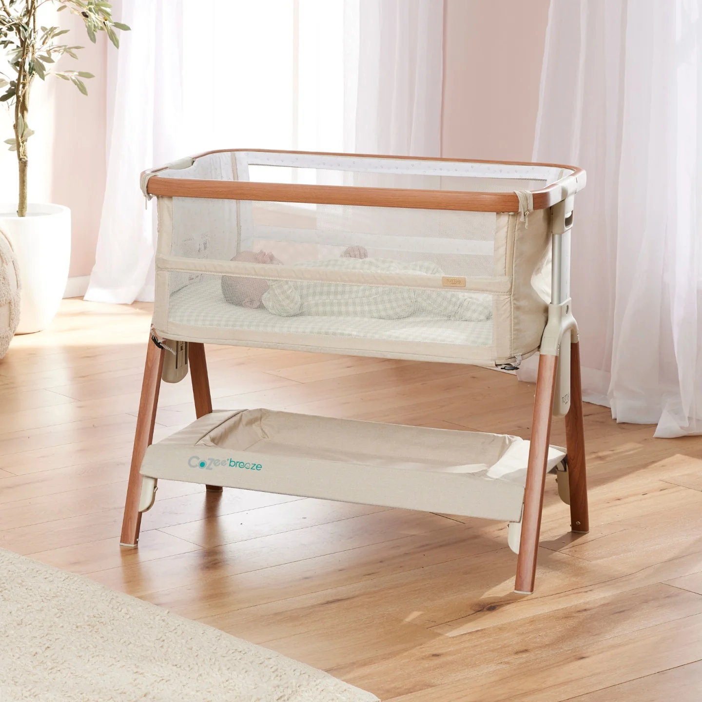 CoZee Breeze Plus Co-Sleeping Bassinet with Rocking Legs in Scandi Walnut and Ecru - Image 3
