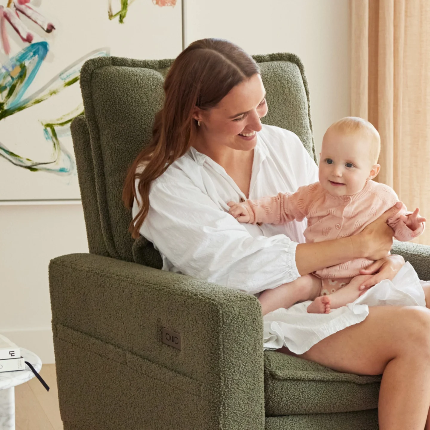 Frankie Electric Recliner Glider Nursery Chair in Olive Teddy - Image 3