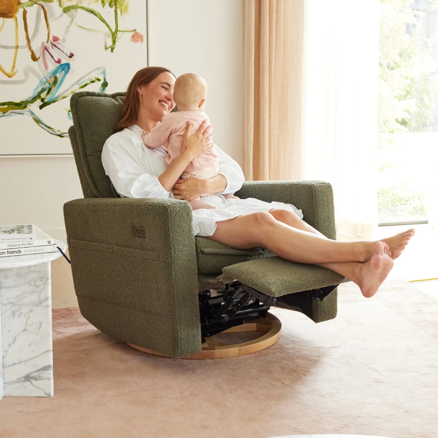 Frankie Electric Recliner Glider Nursery Chair in Olive Teddy - Image 4