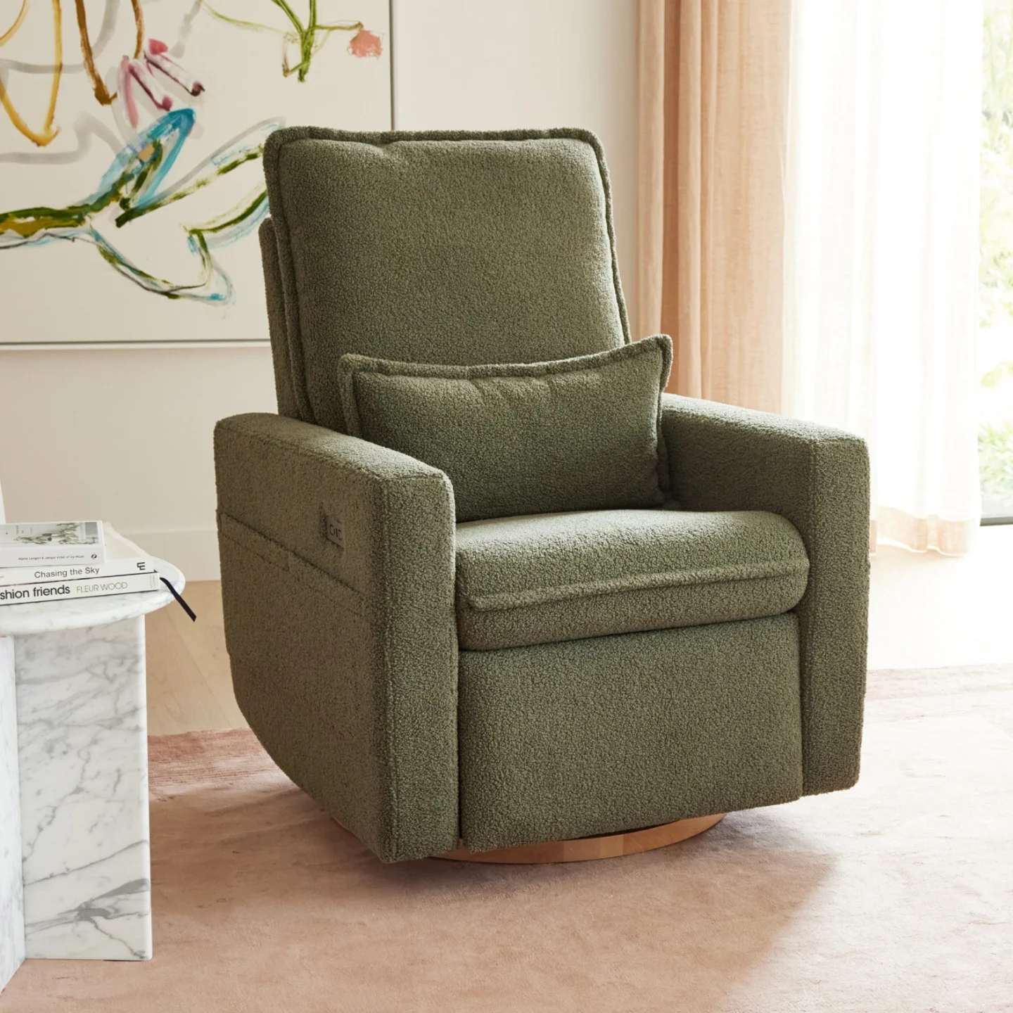 Frankie Electric Recliner Glider Nursery Chair in Olive Teddy - Image 6