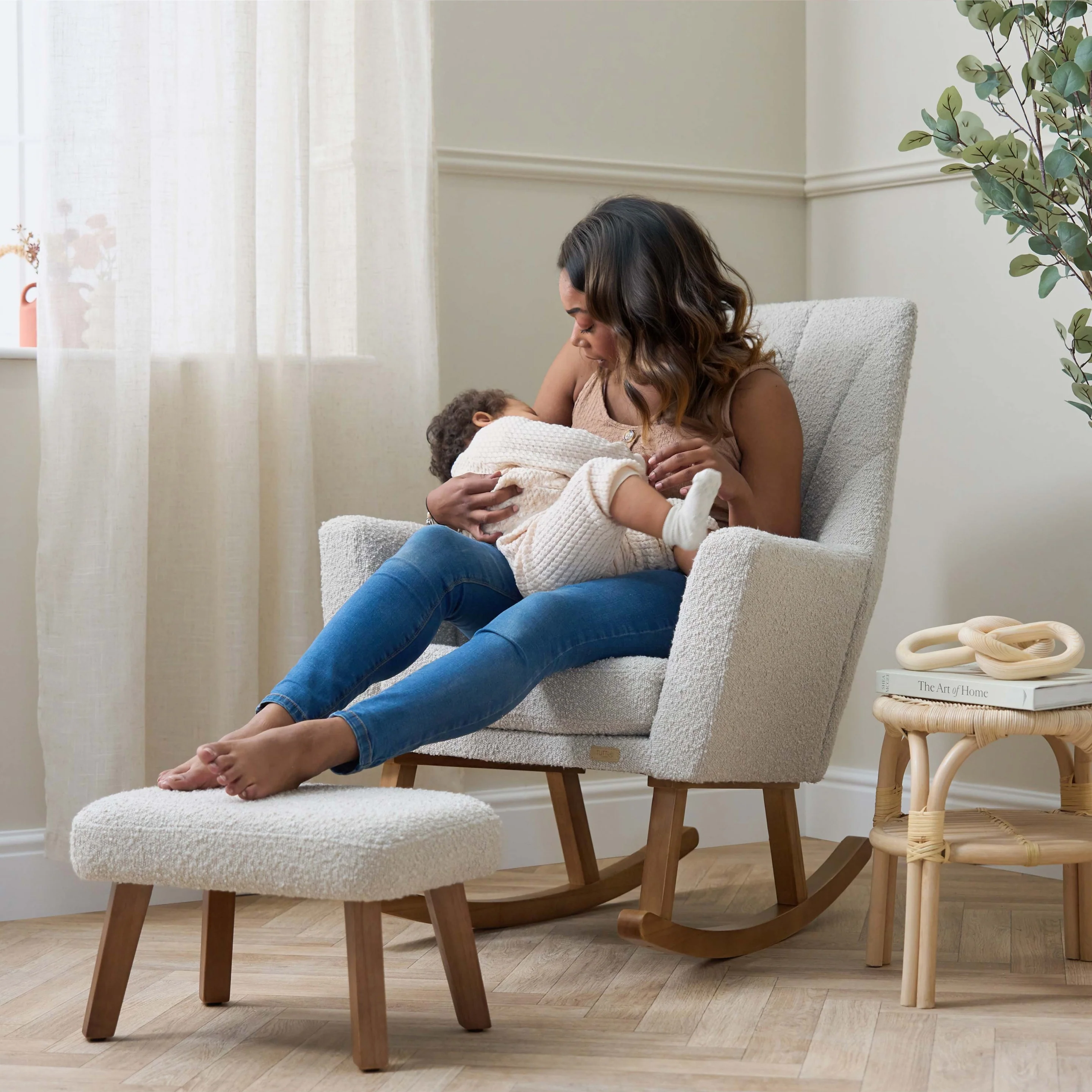 Jonah Rocking Chair & Foot Stool in Mushroom Boucle - Image 5