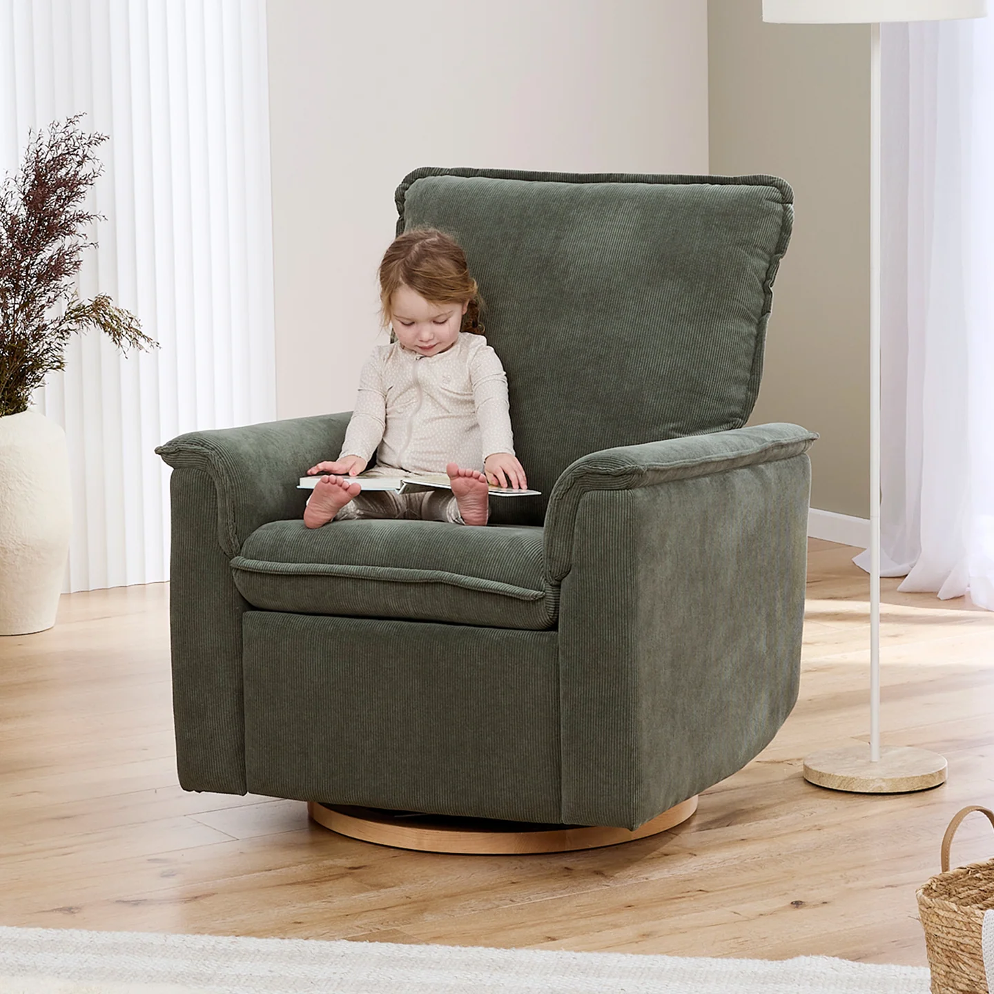Louie Electric Recliner Glider Nursery Chair in Olive Corduroy - Image 2