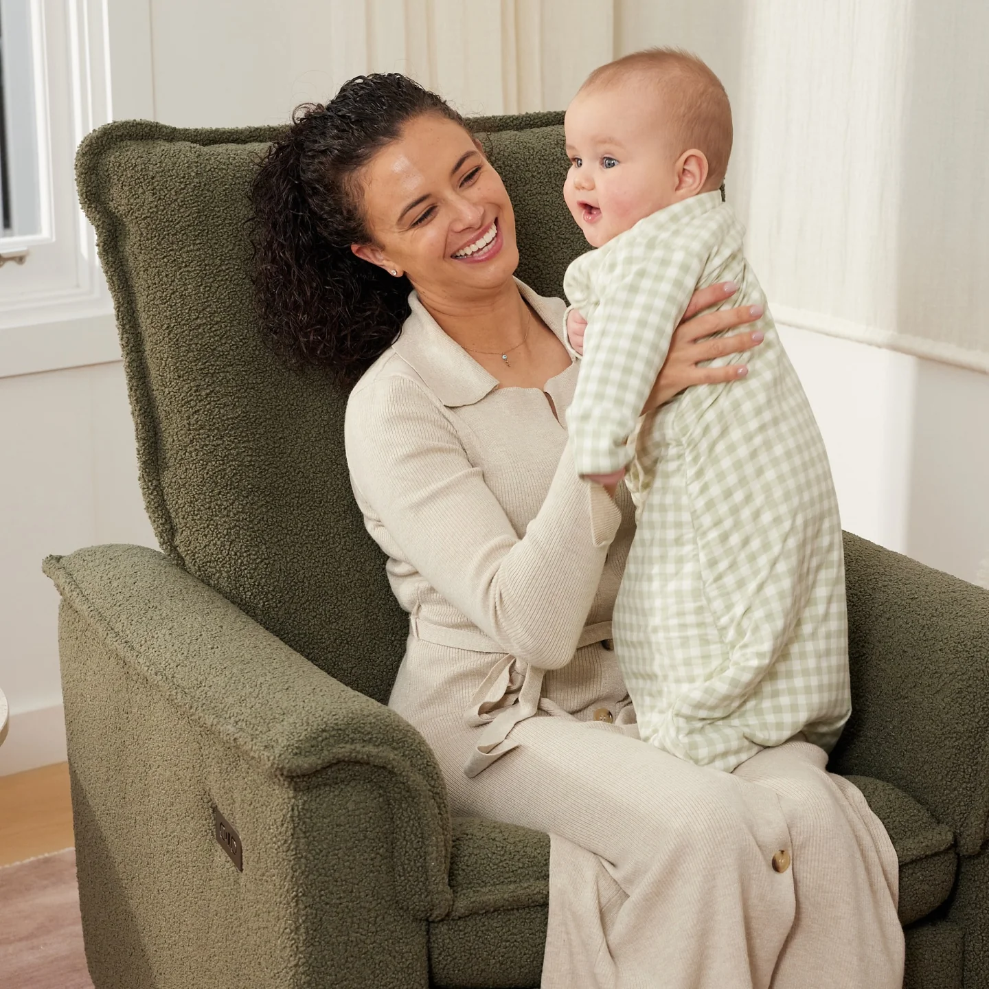 Louie Electric Recliner Glider Nursery Chair in Olive Teddy - Image 4