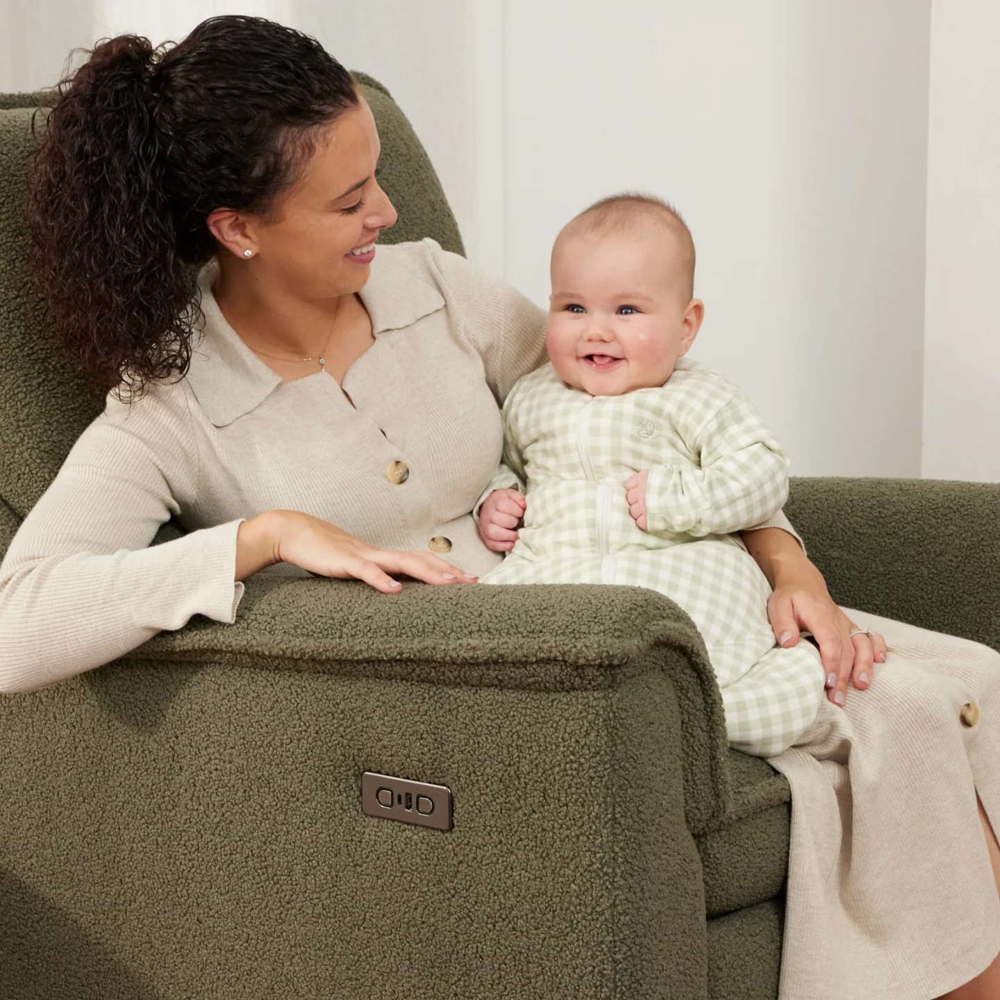 Louie Electric Recliner Glider Nursery Chair in Olive Teddy - Image 6